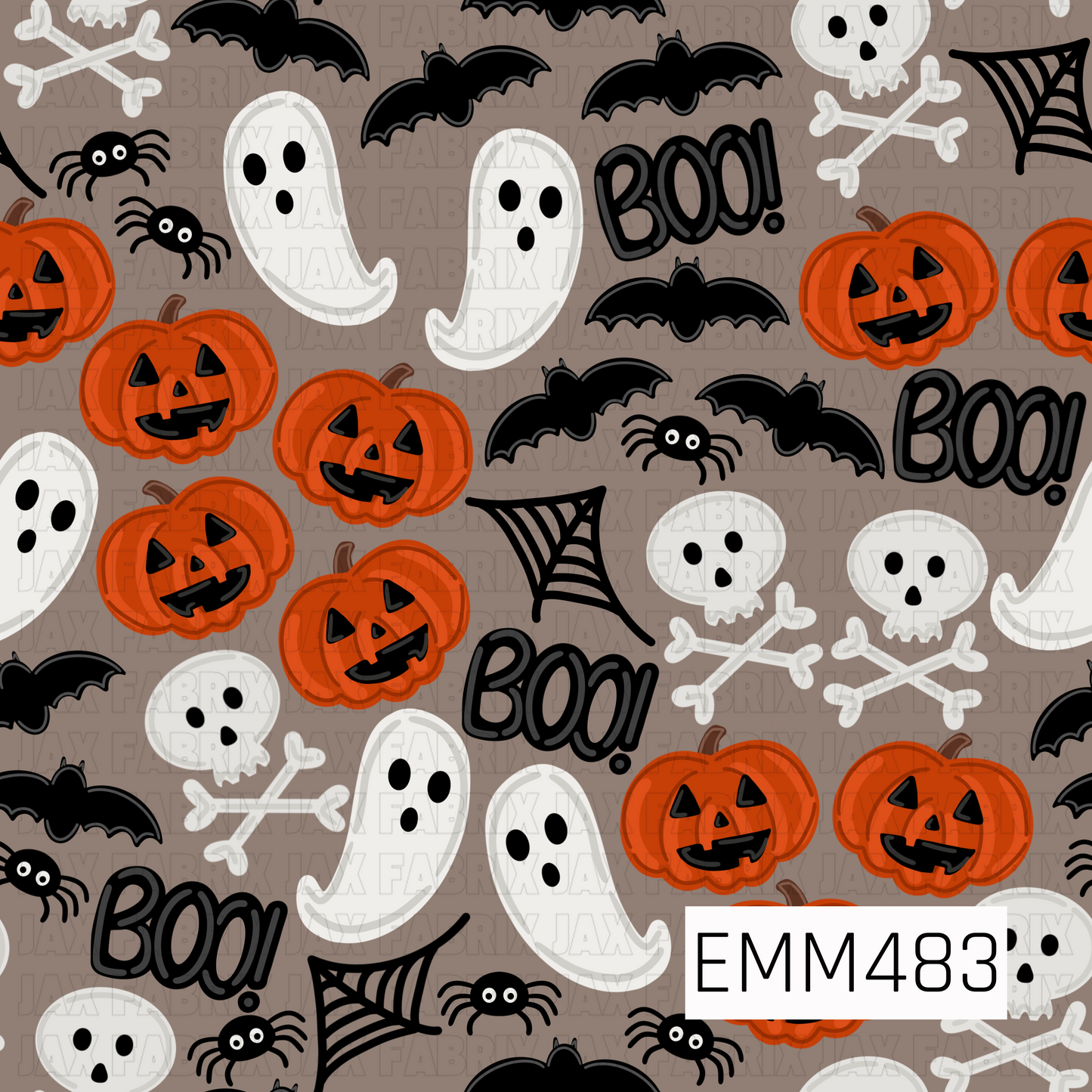 A fun and festive Halloween design filled with classic spooky-season favorites. Smiling orange jack-o’-lanterns mingle with floating white ghosts, skulls and crossbones, swooping black bats, playful spiders, curling spiderwebs, and bold “BOO!” accents. Set against a warm mocha-taupe background, the mix of orange, black, and creamy white creates a cozy vintage Halloween feel that’s more cute than creepy.

