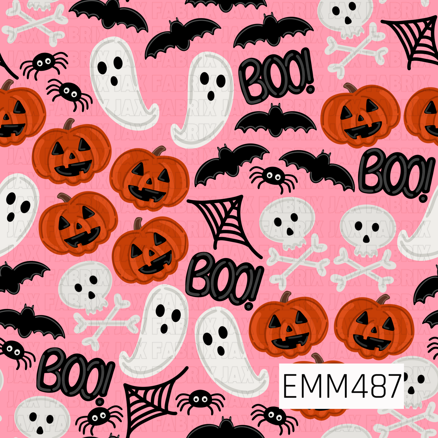 A playful Halloween print featuring bright orange jack-o’-lanterns, friendly white ghosts, skulls and crossbones, black bats, spiders, spiderwebs, and bold “BOO!” accents scattered throughout. The bubblegum pink background adds a fun, girly twist to the classic spooky motifs, creating a cheerful mix of cute and creepy. Perfect for colorful Halloween bows, accessories, apparel, and festive seasonal crafts.
