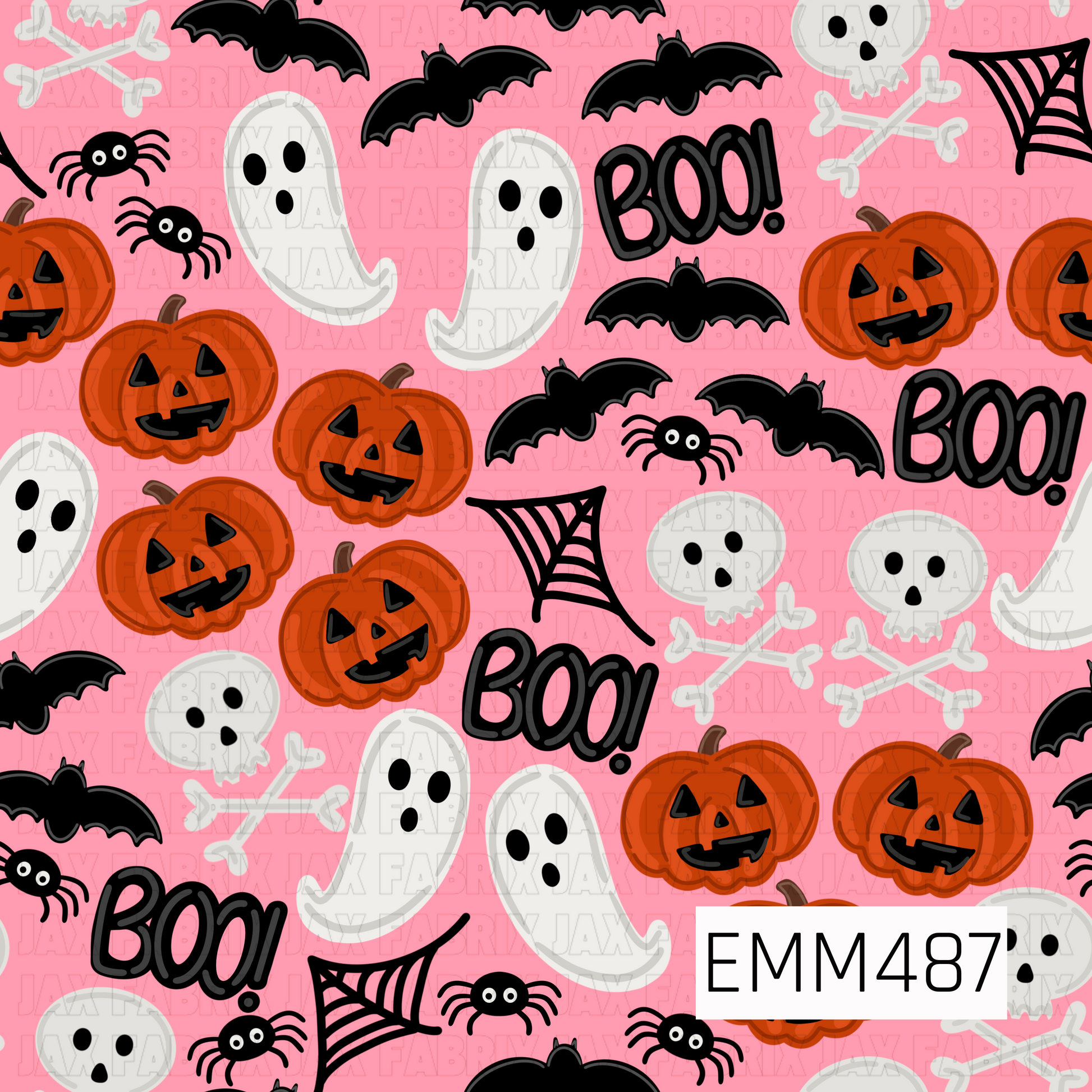 A playful Halloween print featuring bright orange jack-o’-lanterns, friendly white ghosts, skulls and crossbones, black bats, spiders, spiderwebs, and bold “BOO!” accents scattered throughout. The bubblegum pink background adds a fun, girly twist to the classic spooky motifs, creating a cheerful mix of cute and creepy. Perfect for colorful Halloween bows, accessories, apparel, and festive seasonal crafts.
