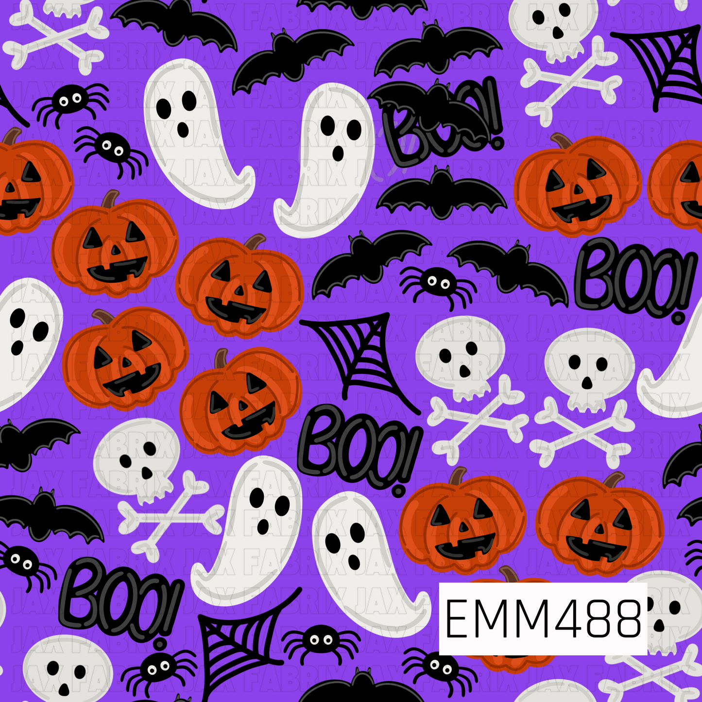 A fun Halloween print filled with bright orange jack-o’-lanterns, friendly white ghosts, skulls and crossbones, black bats, spiders, spiderwebs, and playful “BOO!” lettering. A vibrant purple background gives the classic spooky characters a bold, colorful look while keeping the overall design cute and kid-friendly.

