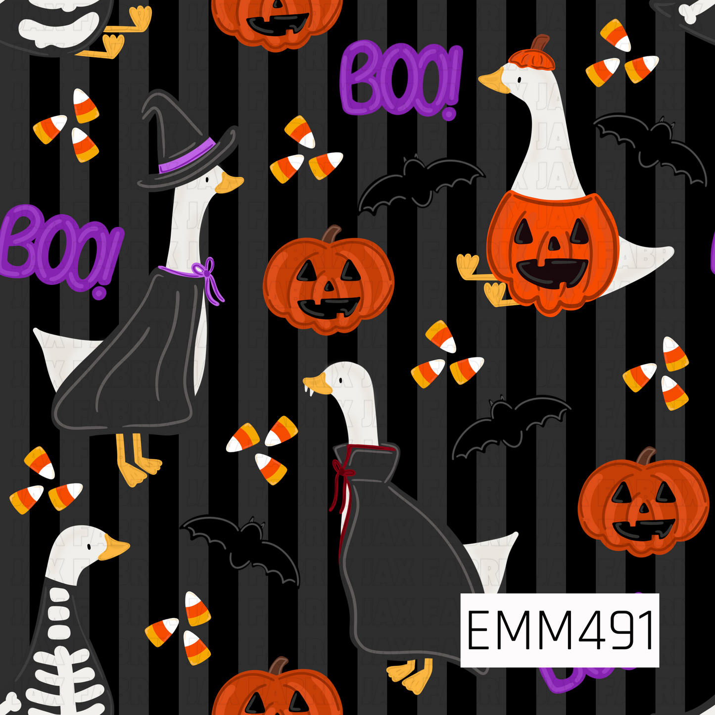 A playful Halloween goose print featuring costumed geese dressed as a witch, vampire, skeleton, and jack-o’-lantern. Orange pumpkins, flying black bats, scattered candy corn, and bold purple “BOO!” accents fill the design, set against dramatic black and charcoal vertical stripes for a fun spooky-season look.
