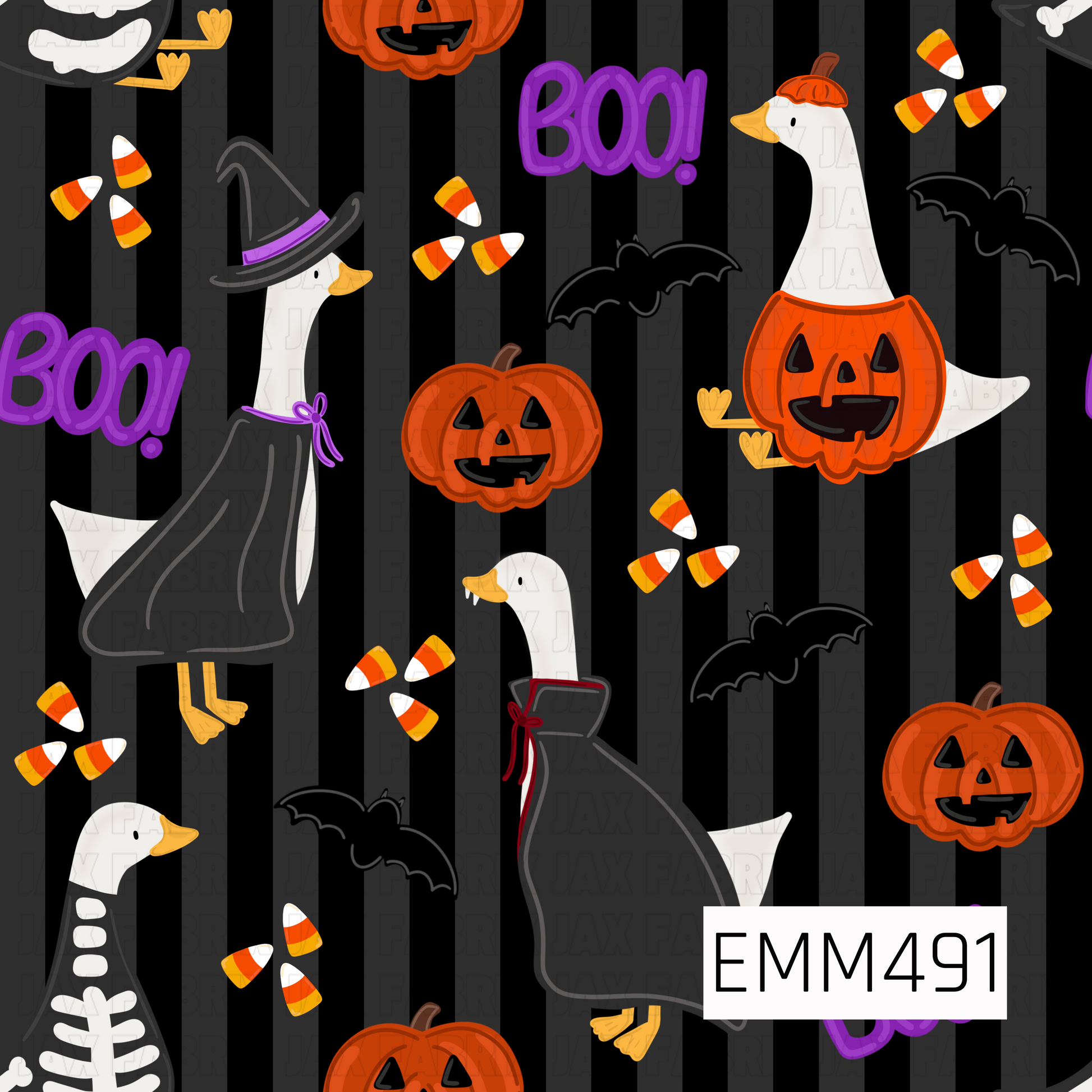 A playful Halloween goose print featuring costumed geese dressed as a witch, vampire, skeleton, and jack-o’-lantern. Orange pumpkins, flying black bats, scattered candy corn, and bold purple “BOO!” accents fill the design, set against dramatic black and charcoal vertical stripes for a fun spooky-season look.
