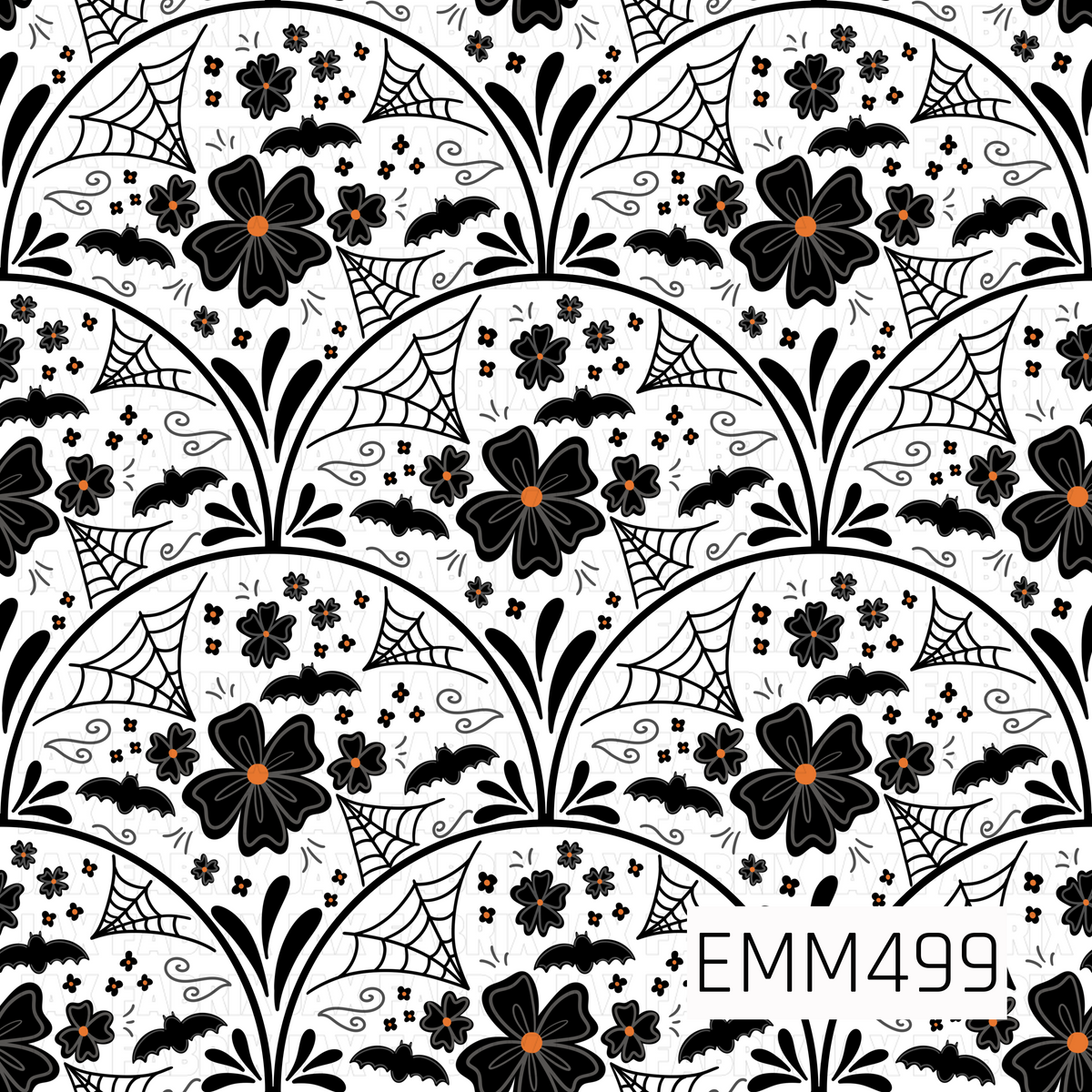 A sophisticated Halloween floral pattern featuring bold black flowers, delicate spiderwebs, flying bats, tiny blossoms, and whimsical swirling accents arranged inside repeating scalloped arches. Small pops of orange at the flower centers add a classic Halloween touch against the crisp white background. The black-and-white palette gives the design a clean, slightly gothic feel while the florals keep it playful and decorative.
