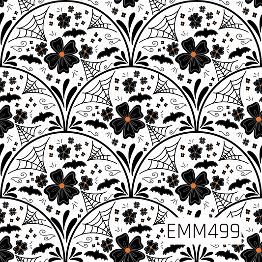 A sophisticated Halloween floral pattern featuring bold black flowers, delicate spiderwebs, flying bats, tiny blossoms, and whimsical swirling accents arranged inside repeating scalloped arches. Small pops of orange at the flower centers add a classic Halloween touch against the crisp white background. The black-and-white palette gives the design a clean, slightly gothic feel while the florals keep it playful and decorative.
