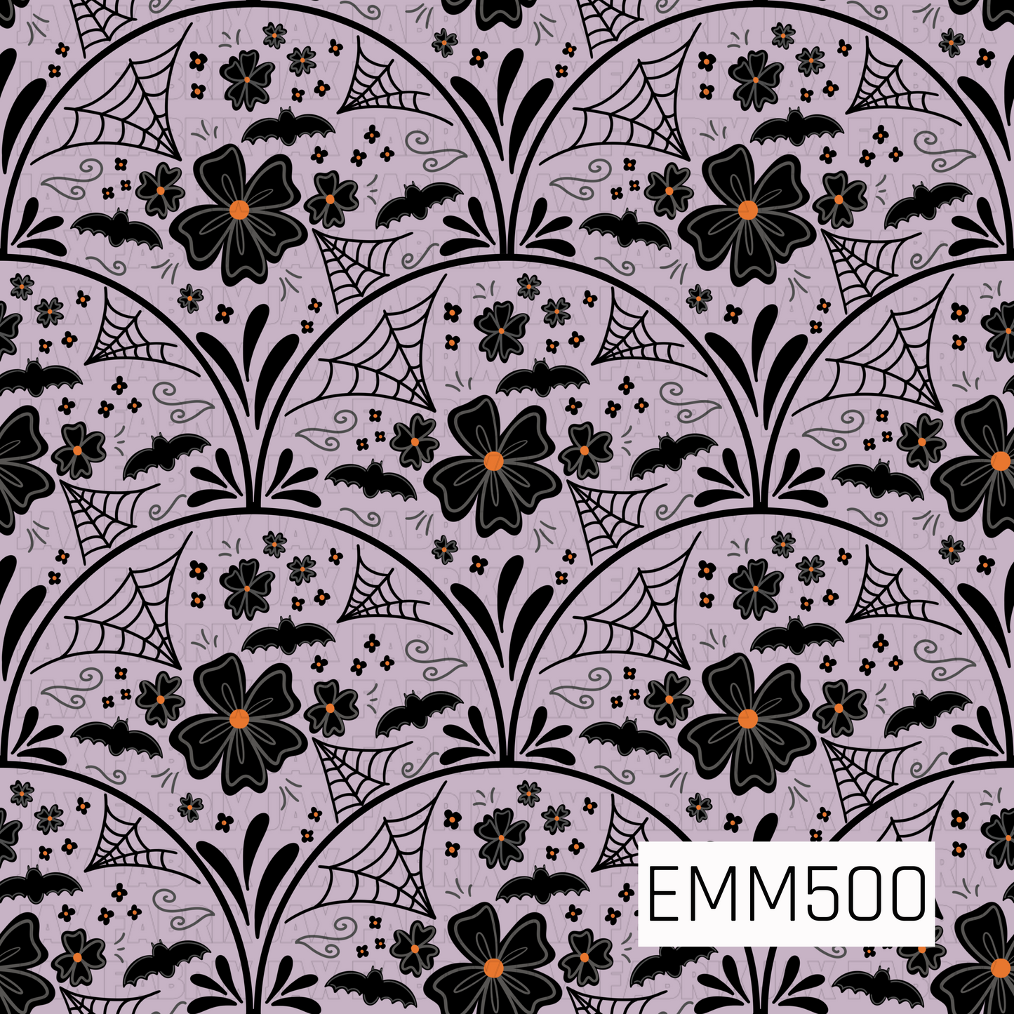 A moody Halloween floral pattern featuring bold black flowers, delicate spiderwebs, flying bats, tiny blossoms, and whimsical swirling details arranged within repeating scalloped arches. The soft dusty lavender background gives the design a muted gothic feel, while small orange flower centers add a subtle pop of classic Halloween color. Elegant, spooky, and floral with a vintage-inspired look.
