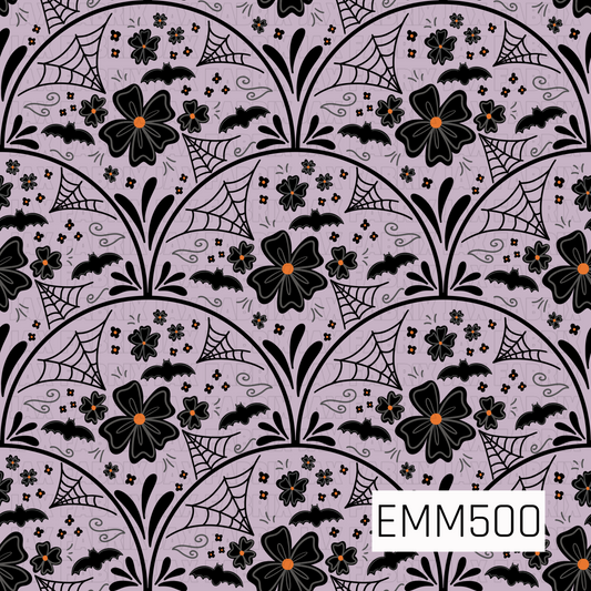 A moody Halloween floral pattern featuring bold black flowers, delicate spiderwebs, flying bats, tiny blossoms, and whimsical swirling details arranged within repeating scalloped arches. The soft dusty lavender background gives the design a muted gothic feel, while small orange flower centers add a subtle pop of classic Halloween color. Elegant, spooky, and floral with a vintage-inspired look.
