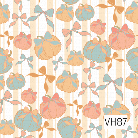 A whimsical seamless fall pattern featuring hand-drawn pumpkins decorated with oversized bows and scattered flowing ribbon bows. Soft peach, dusty teal, warm orange, and golden tones are layered over a cream background with subtle vertical stripes for a playful vintage-inspired look.
