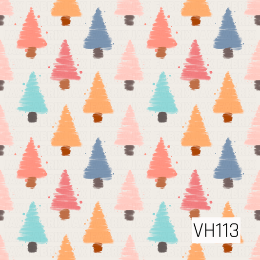 A playful Christmas tree pattern featuring brushstroke-style trees in coral pink, peach, orange, turquoise, and dusty blue. Scattered paint splatters and textured edges add a whimsical, hand-painted touch against a soft ivory background.