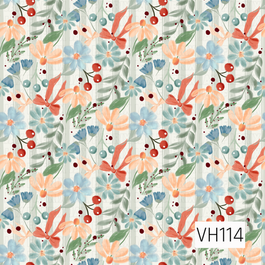 A charming watercolor floral pattern featuring large, soft blue and peach daisies, delicate teal blossoms, and small dusty blue wildflowers. Coral ribbon bows, clusters of bright red and muted teal berries, and flowing sage green leaves are scattered throughout. Tiny burgundy accents and soft brushstroke details add texture against a creamy ivory background, creating a whimsical, colorful design with a fresh, vintage-inspired feel.