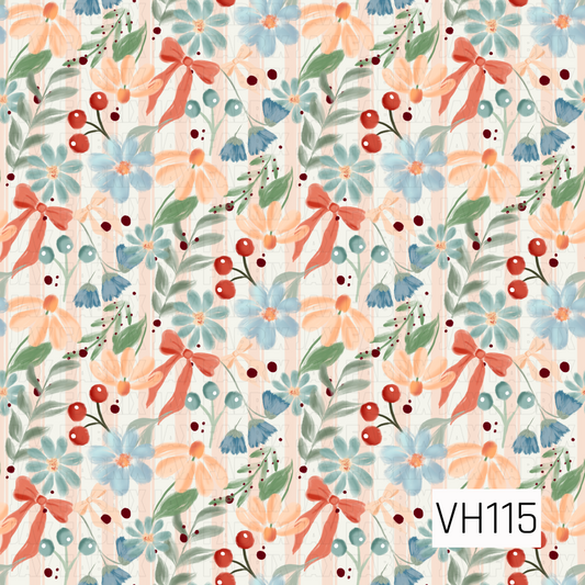 A charming watercolor floral pattern featuring soft peach daisies, dusty blue blossoms, delicate teal flowers, and small blue bell-shaped blooms. Coral pink ribbon bows, clusters of bright red and muted teal berries, and flowing sage green leaves are scattered throughout. Tiny burgundy dots and delicate botanical sprigs add playful detail against a creamy ivory background, creating a whimsical, vintage-inspired design with a soft, hand-painted finish.