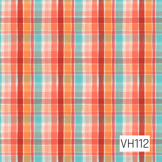 A vibrant plaid pattern featuring overlapping vertical and horizontal stripes in coral pink, burnt orange, turquoise blue, and warm red. Thin ivory lines and softly textured, uneven edges create a playful, hand-painted look with a bright, cheerful feel.