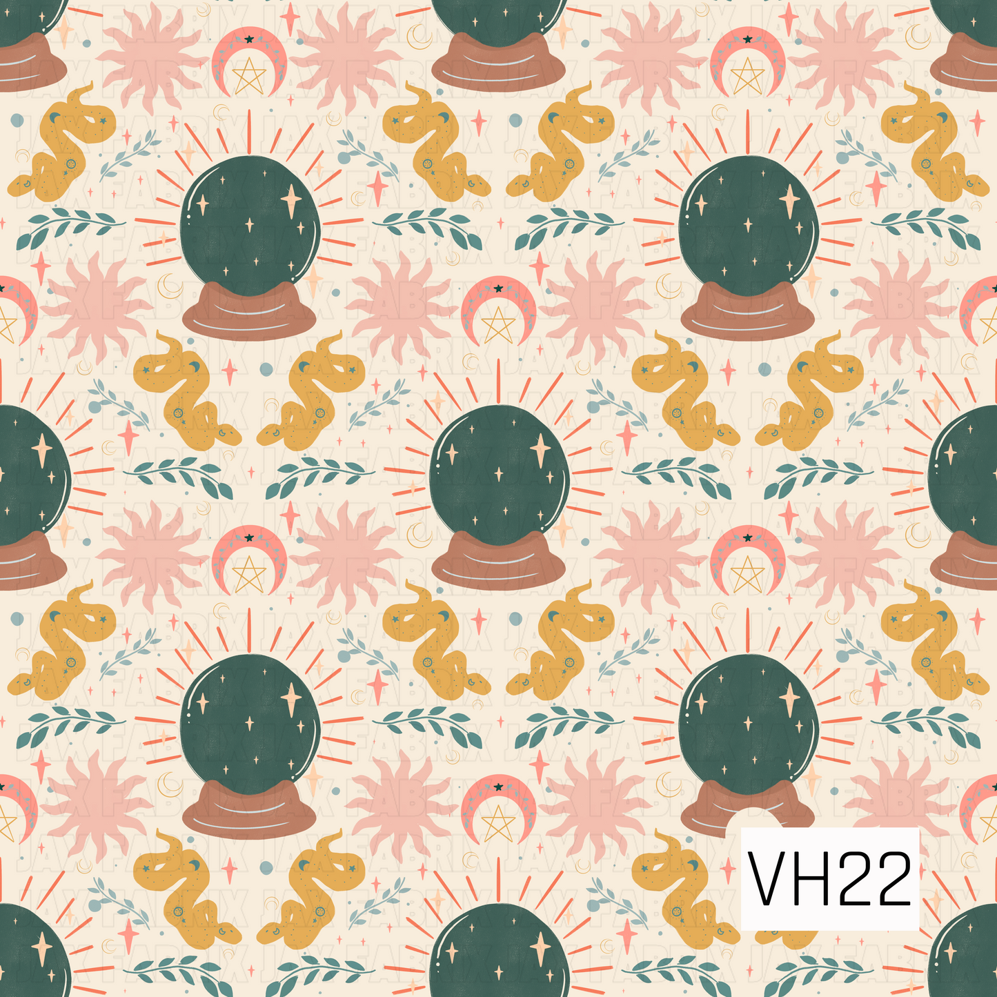A whimsical celestial pattern featuring deep teal crystal balls surrounded by golden snakes, blush suns, crescent moons, sparkling stars, and delicate botanical sprigs on a warm cream background. The soft vintage-inspired color palette and mystical motifs create a magical design with a charming boho Halloween feel.