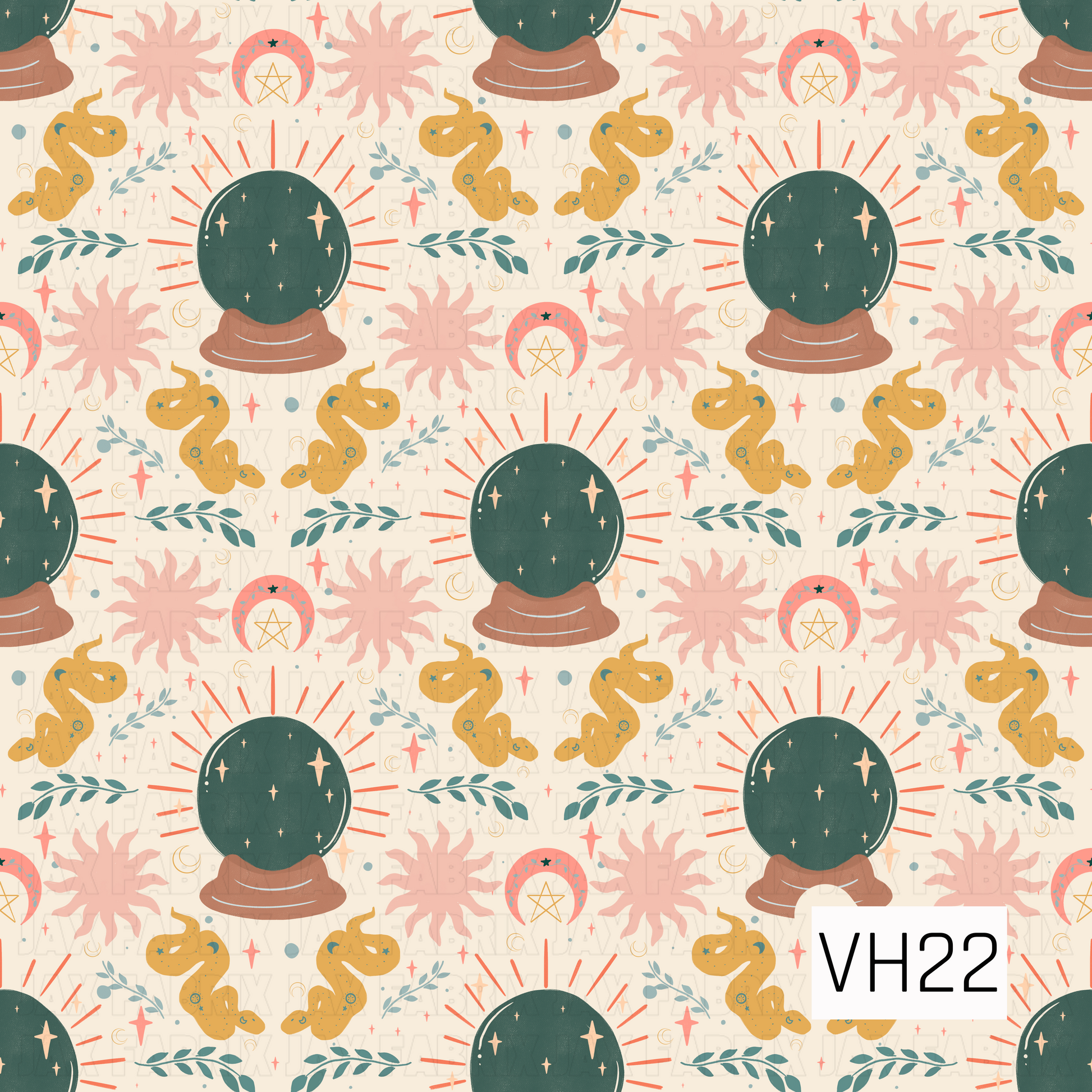 A whimsical celestial pattern featuring deep teal crystal balls surrounded by golden snakes, blush suns, crescent moons, sparkling stars, and delicate botanical sprigs on a warm cream background. The soft vintage-inspired color palette and mystical motifs create a magical design with a charming boho Halloween feel.