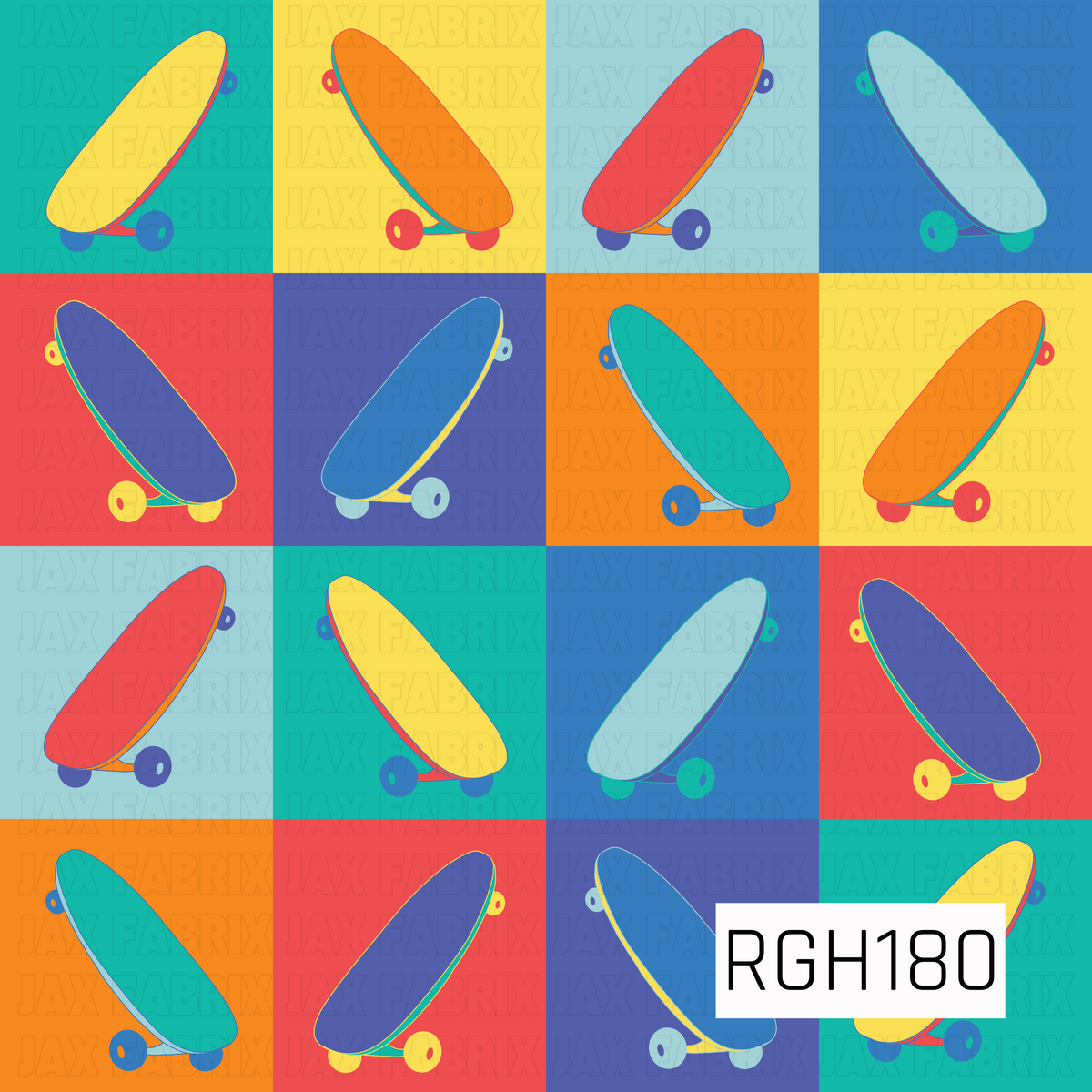 A bold, retro-inspired skateboard pattern featuring colorful skateboards arranged diagonally across a grid of vibrant squares. Bright shades of turquoise, sunshine yellow, orange, coral red, royal blue, and purple create a playful color-blocked design. Each skateboard features contrasting wheels and colorful accents, giving the pattern a fun, energetic pop art feel.