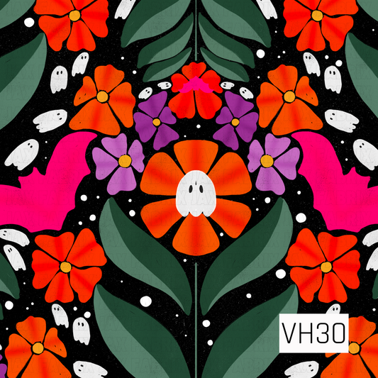 A bold and whimsical Halloween floral pattern featuring vibrant orange and purple blossoms, leafy green stems, playful white ghosts, and bright pink bats on a black background. Tiny floating ghosts and scattered stars add a magical touch, creating a fun, spooky design with colorful folk-art charm.
