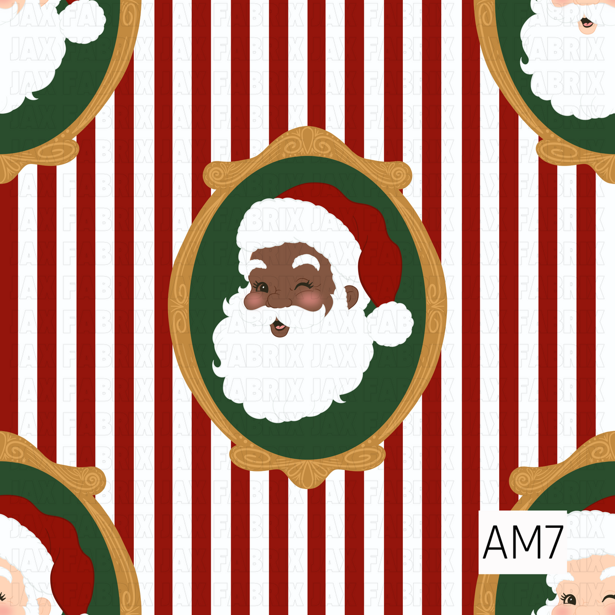 A festive Christmas pattern featuring cheerful Santa portraits framed in ornate vintage-inspired gold ovals. The Santas are set against deep green backgrounds with classic red hats and fluffy white beards, layered over bold red and white vertical stripes for a playful retro holiday look.
