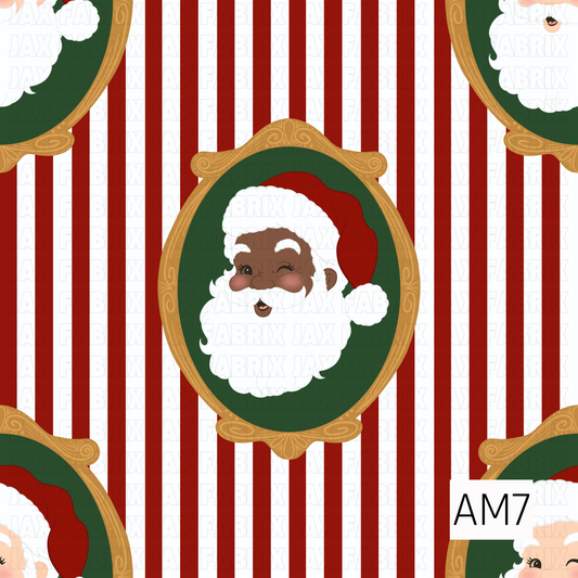 A festive Christmas pattern featuring cheerful Santa portraits framed in ornate vintage-inspired gold ovals. The Santas are set against deep green backgrounds with classic red hats and fluffy white beards, layered over bold red and white vertical stripes for a playful retro holiday look.
