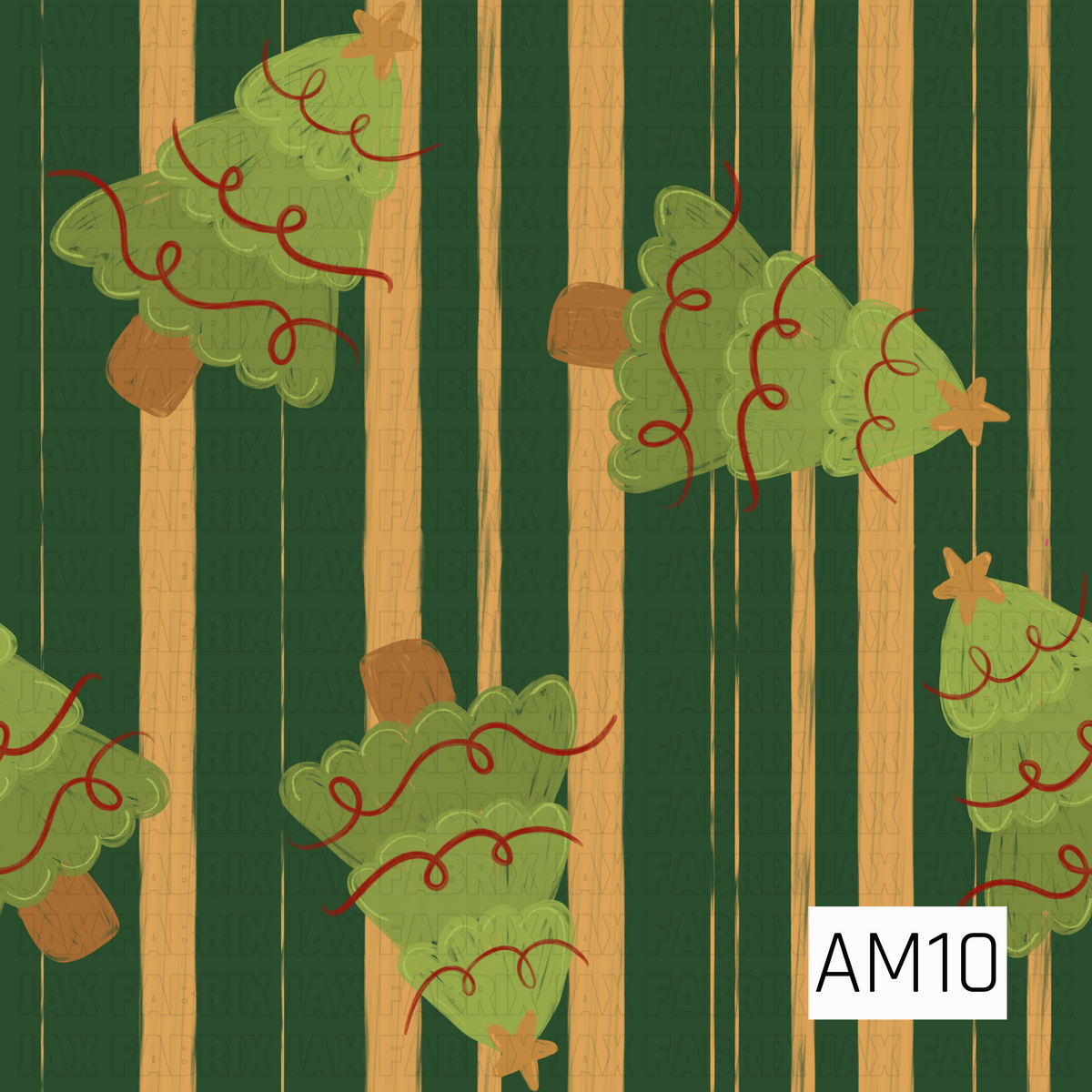 A whimsical Christmas pattern featuring stylized green Christmas trees decorated with loose red ribbon swirls and topped with golden stars. The trees are scattered across a deep forest green background with vertical golden stripes, giving the design a playful vintage holiday feel.
