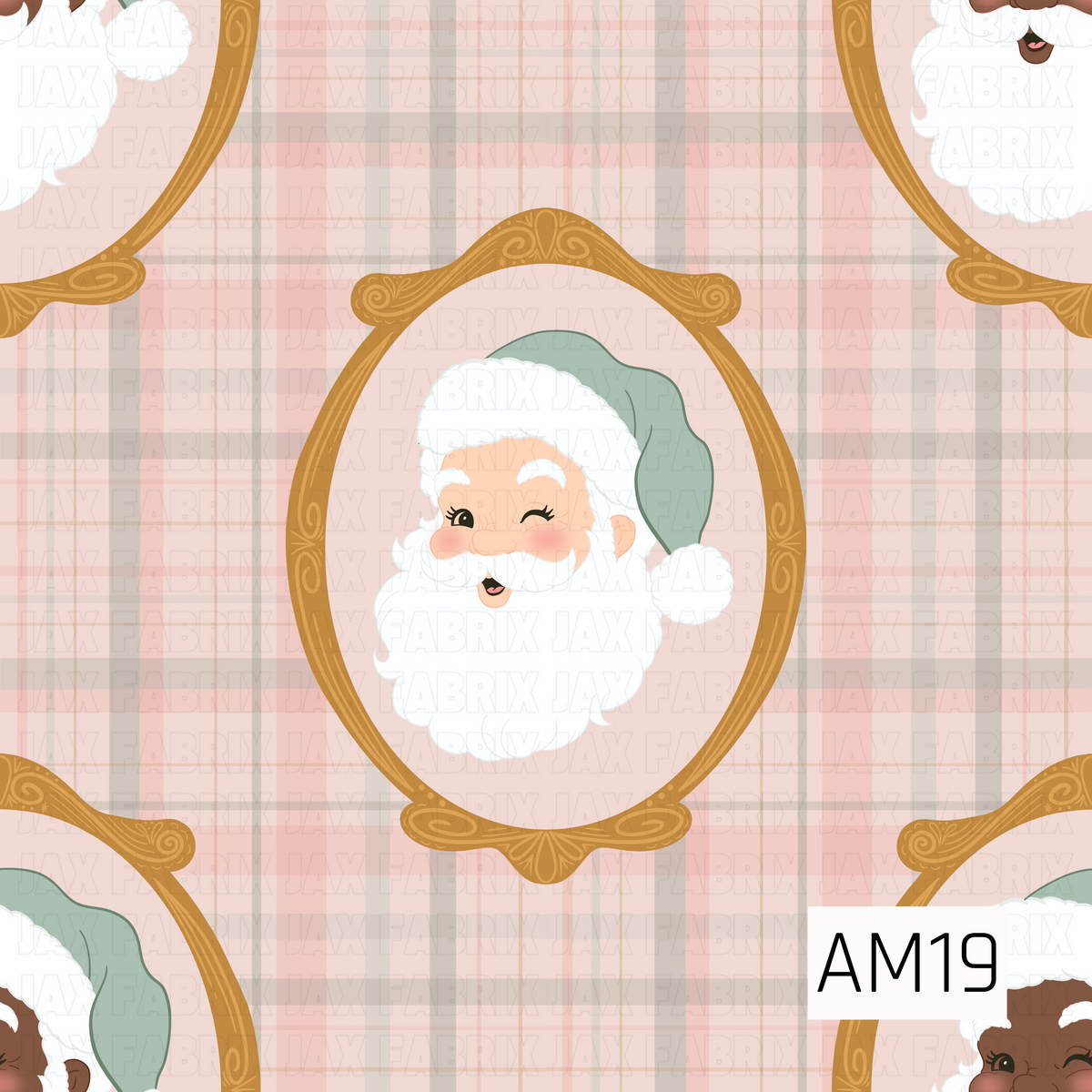 A soft pastel Christmas pattern featuring cheerful Santa portraits framed in ornate vintage-inspired gold ovals. Santa wears a muted sage green hat with fluffy white trim, set against a delicate blush pink, cream, and soft gray plaid background.

