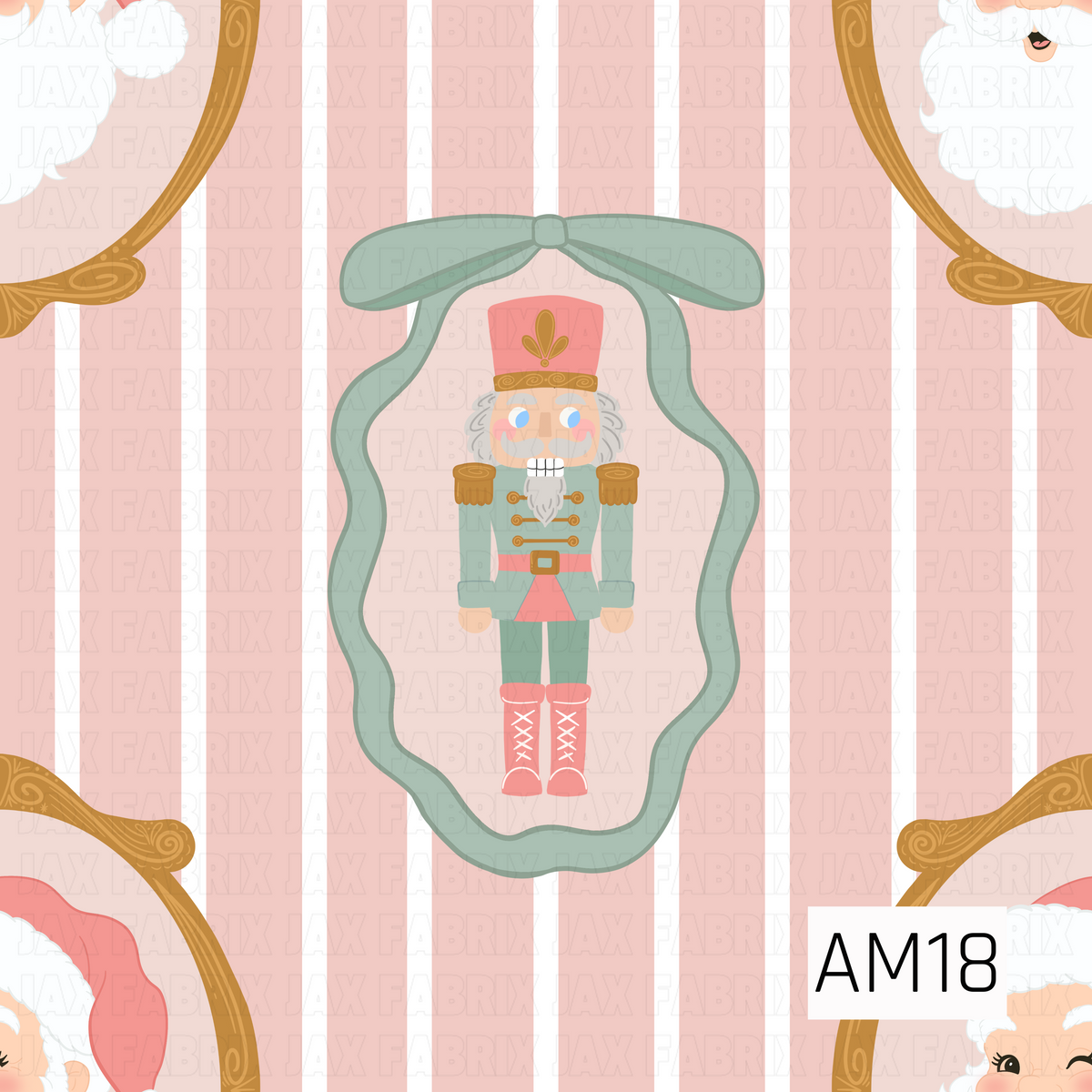 A sweet pastel holiday pattern featuring classic nutcrackers dressed in sage green and pink with gold accents. Each nutcracker is surrounded by an oversized flowing sage bow, set against soft blush pink and white vertical stripes. Ornate gold-framed Santa portraits are scattered throughout for an extra festive touch.
