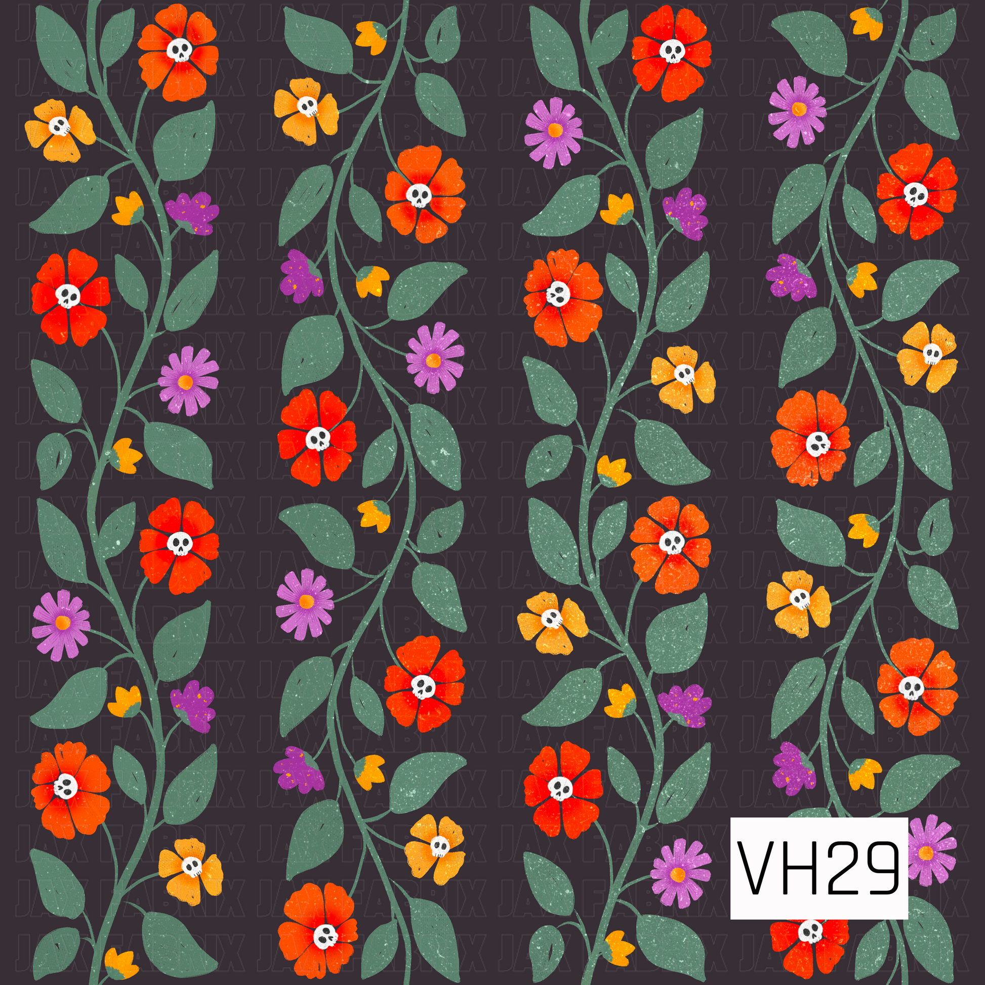 A whimsical Halloween floral pattern featuring vibrant orange, golden yellow, and purple blooms with tiny skull centers, winding sage green vines, and leafy stems on a deep charcoal background. The playful mix of spooky and botanical elements creates a fun, vintage-inspired design that perfectly blends fall florals with Halloween charm.
