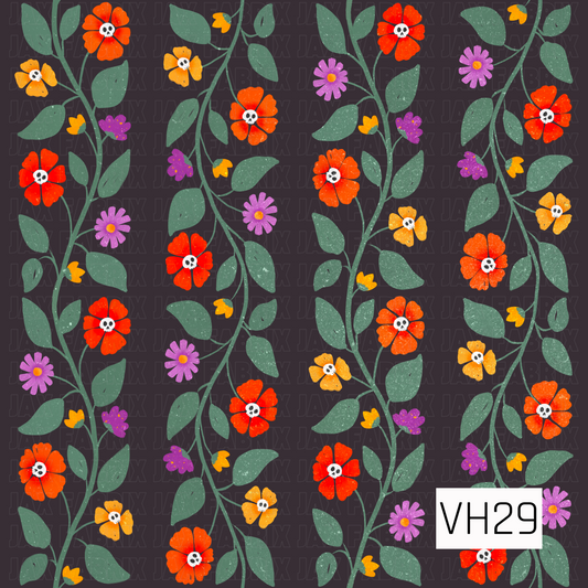 A whimsical Halloween floral pattern featuring vibrant orange, golden yellow, and purple blooms with tiny skull centers, winding sage green vines, and leafy stems on a deep charcoal background. The playful mix of spooky and botanical elements creates a fun, vintage-inspired design that perfectly blends fall florals with Halloween charm.
