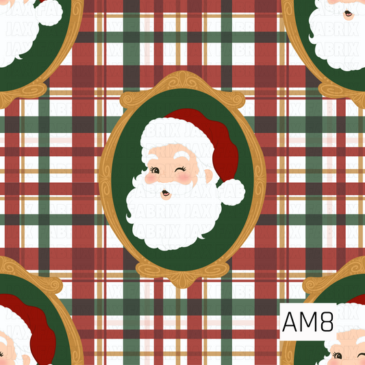 A festive Christmas pattern featuring cheerful Santa portraits framed in ornate vintage-inspired gold ovals. Each Santa is set against a deep green background, layered over a classic holiday plaid in red, green, white, and touches of gold for a cozy traditional Christmas look.
