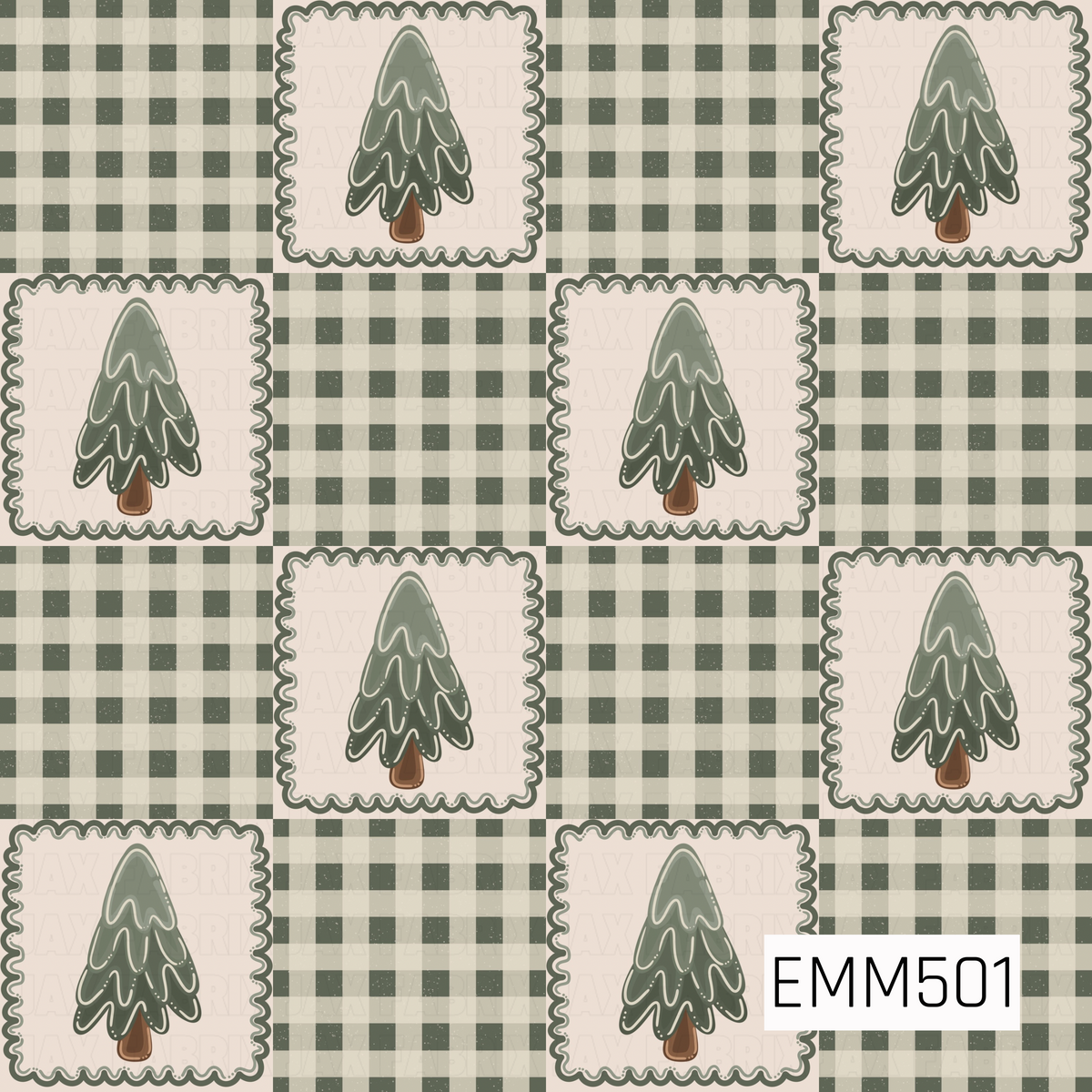A cozy patchwork Christmas design featuring simple evergreen trees framed with scalloped borders and alternating sage green gingham squares. Soft cream, muted green, and warm brown tones give this print a charming vintage farmhouse feel.