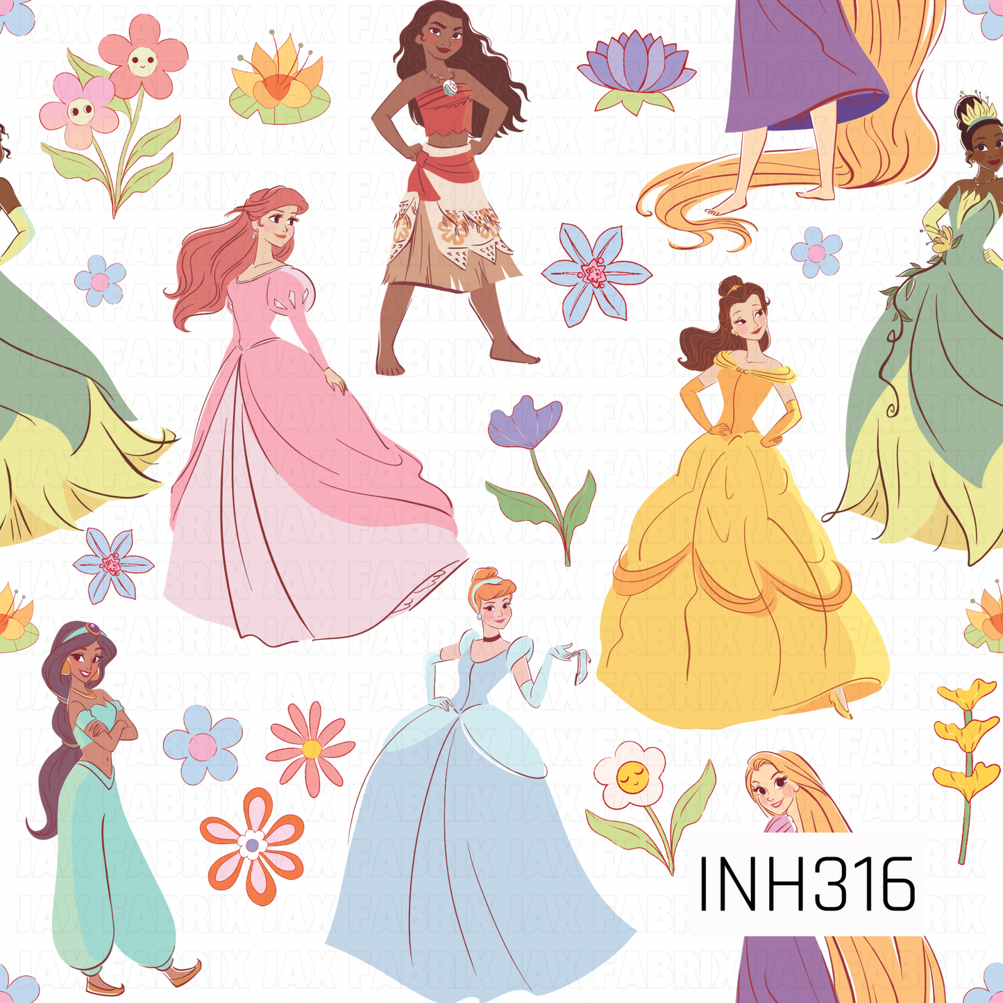 A whimsical princess-inspired design featuring beloved fairytale heroines surrounded by colorful flowers and blooms on a soft background. The pastel color palette and scattered floral accents create a sweet, magical pattern full of charm, adventure, and storybook elegance.
