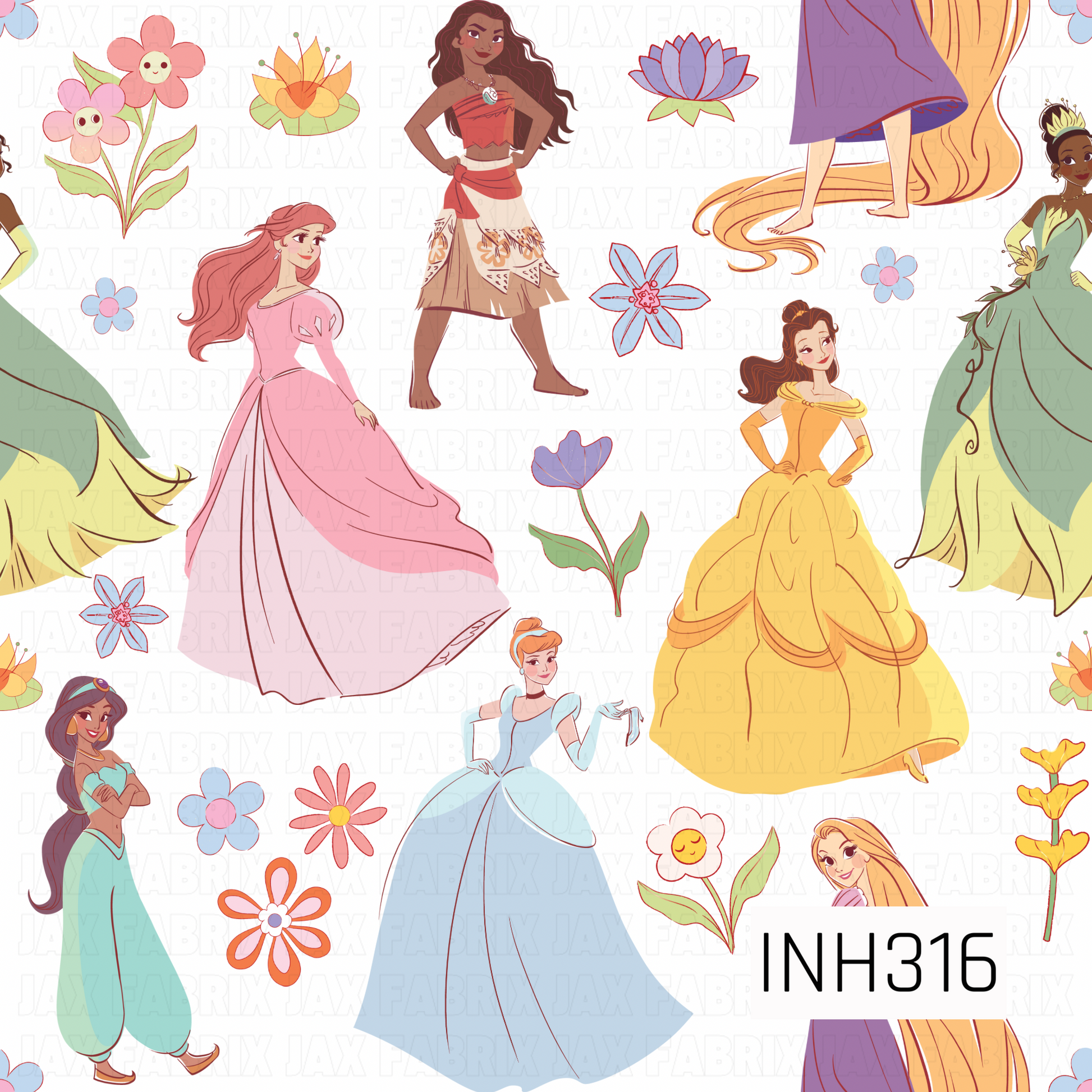 A whimsical princess-inspired design featuring beloved fairytale heroines surrounded by colorful flowers and blooms on a soft background. The pastel color palette and scattered floral accents create a sweet, magical pattern full of charm, adventure, and storybook elegance.
