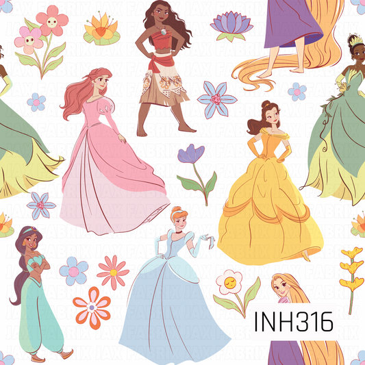 A whimsical princess-inspired design featuring beloved fairytale heroines surrounded by colorful flowers and blooms on a soft background. The pastel color palette and scattered floral accents create a sweet, magical pattern full of charm, adventure, and storybook elegance.
