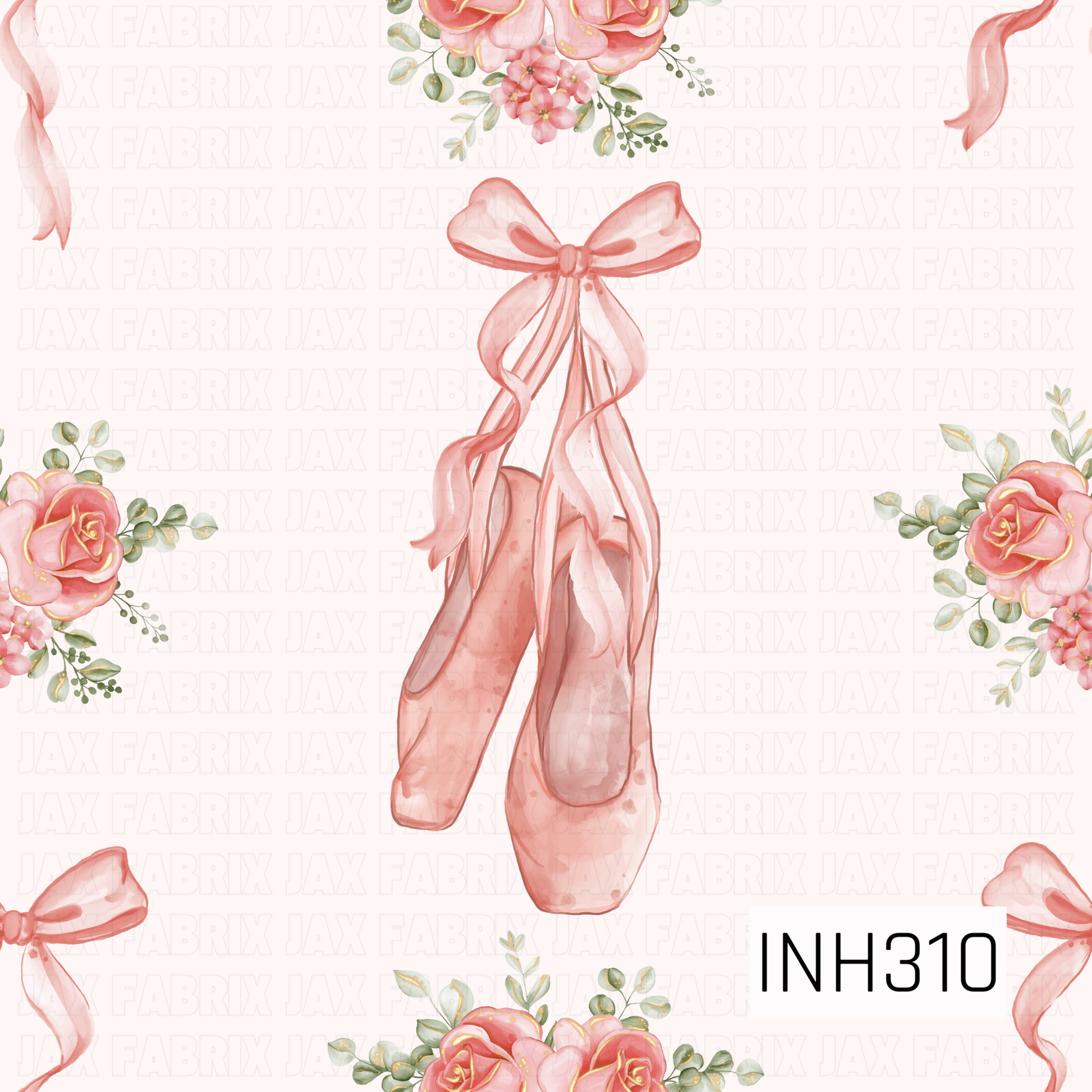 Delicate pink ballet slippers tied with flowing satin ribbons are paired with soft blush roses and greenery on a light background, creating an elegant and dreamy design inspired by grace, beauty, and ballet.
