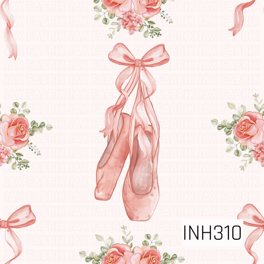 Delicate pink ballet slippers tied with flowing satin ribbons are paired with soft blush roses and greenery on a light background, creating an elegant and dreamy design inspired by grace, beauty, and ballet.
