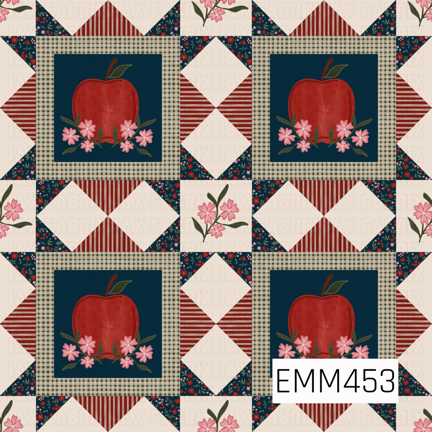A cozy quilt-inspired fall design featuring red apples framed by pink flowers and sage gingham. Navy florals, red stripes, and cream patchwork details complete the charming vintage look.

