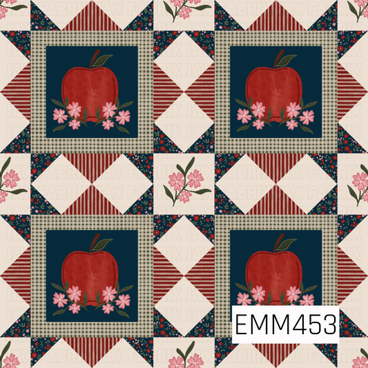 A cozy quilt-inspired fall design featuring red apples framed by pink flowers and sage gingham. Navy florals, red stripes, and cream patchwork details complete the charming vintage look.
