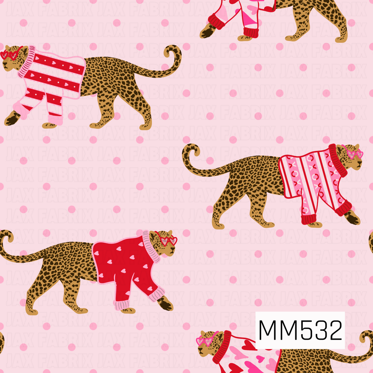A playful Valentine's Day pattern featuring golden brown leopards with bold black spots, curly tails, and adorable pink and red heart-shaped sunglasses. Each leopard wears a cozy Valentine's sweater decorated with colorful hearts, stripes, bows, and contrasting ribbed cuffs. The whimsical leopards are scattered across a soft blush pink background with bright pink polka dots, creating a fun, preppy design full of Valentine's charm.