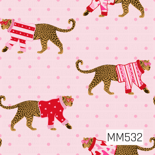 A playful Valentine's Day pattern featuring golden brown leopards with bold black spots, curly tails, and adorable pink and red heart-shaped sunglasses. Each leopard wears a cozy Valentine's sweater decorated with colorful hearts, stripes, bows, and contrasting ribbed cuffs. The whimsical leopards are scattered across a soft blush pink background with bright pink polka dots, creating a fun, preppy design full of Valentine's charm.