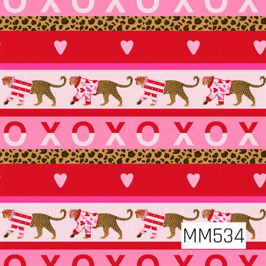 A playful Valentine's Day stripe pattern featuring alternating horizontal bands of bright pink, red, leopard print, and soft blush. Adorable spotted leopards wear festive heart-covered sweaters and heart-shaped sunglasses, while bold red and white XOXO lettering and scattered pink hearts add a fun, preppy touch.