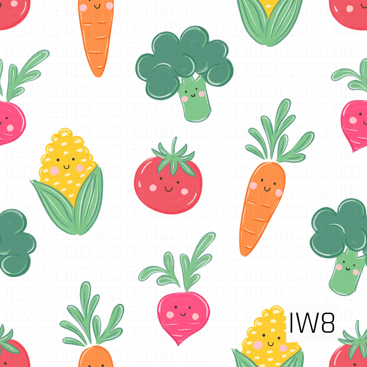 A bright and playful vegetable pattern featuring adorable smiling carrots, broccoli, corn, tomatoes, and radishes with rosy cheeks and cheerful expressions. Vibrant shades of orange, pink, yellow, and green pop against a crisp white background, creating a fun and whimsical design.