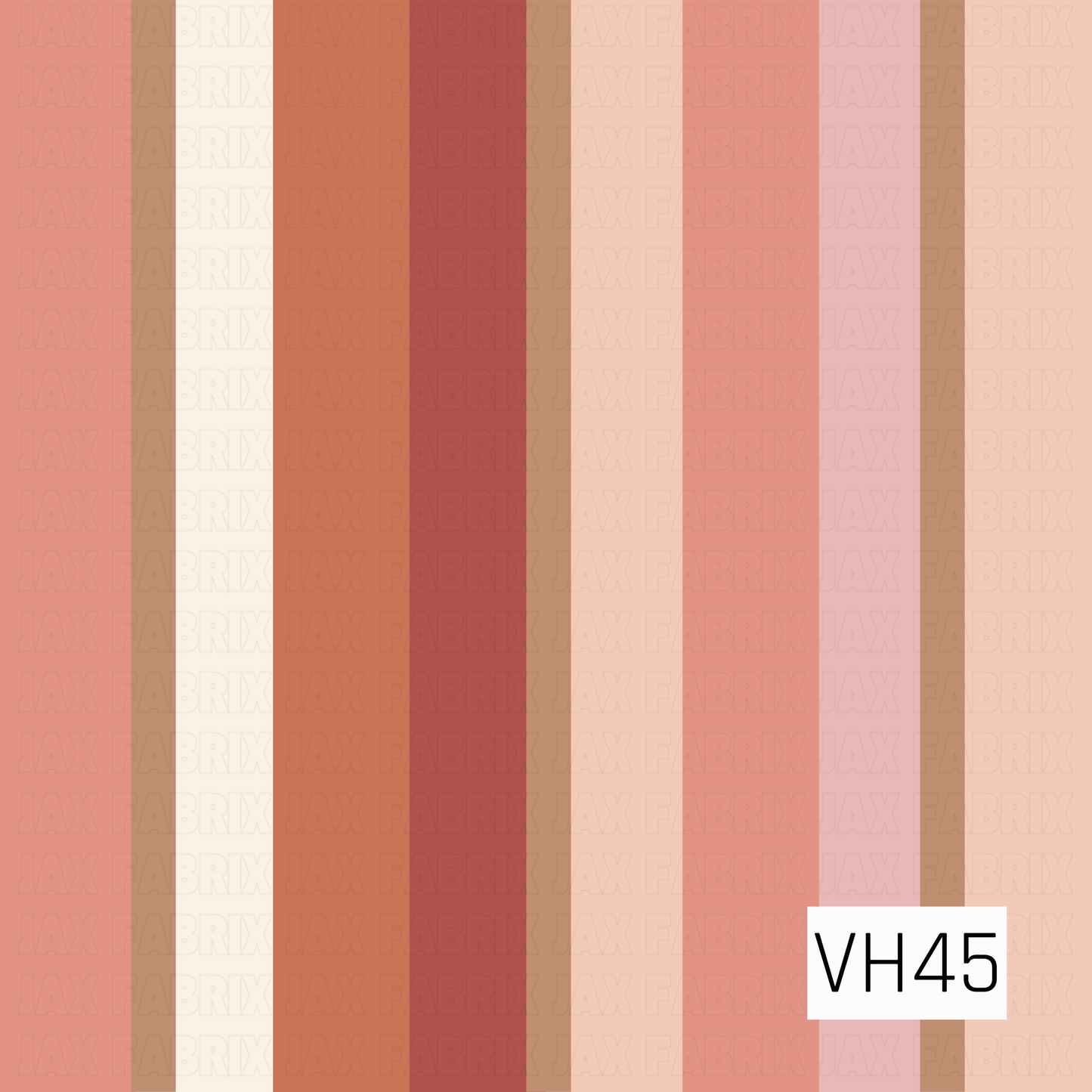 A warm boho-inspired stripe featuring vertical bands in soft coral, terracotta, dusty rose, blush pink, creamy ivory, and warm caramel brown. The varying stripe widths and earthy, muted palette create a simple yet playful retro look with a cozy vintage feel.
