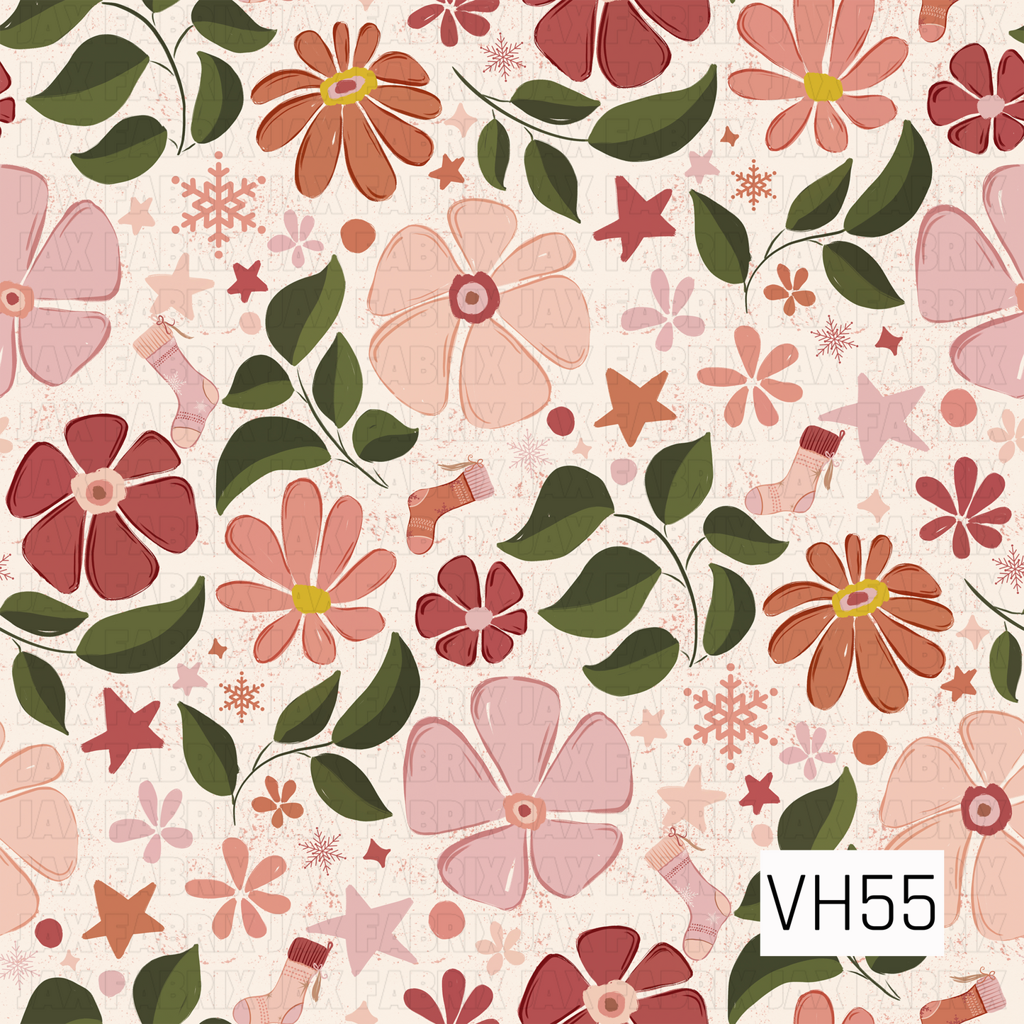 A whimsical boho holiday floral featuring oversized hand-drawn blooms in blush pink, coral, terracotta, and deep cranberry, surrounded by rich olive-green foliage. Scattered stars, snowflakes, tiny flowers, and cozy stockings add a subtle festive touch, while the creamy speckled background gives the print a warm, vintage-inspired finish.
