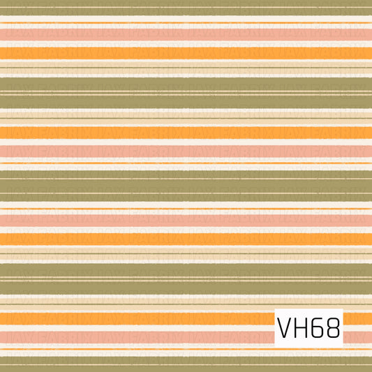 A retro-inspired stripe print with olive green, peach, orange, cream, and white horizontal bands in a soft, slightly distressed hand-drawn style.
