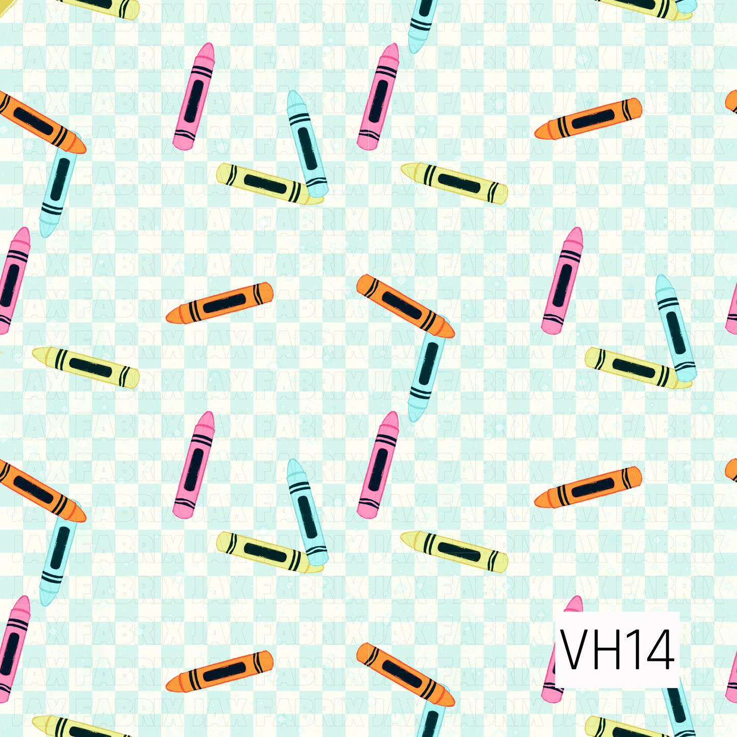 A playful scatter of colorful crayons in pink, aqua, yellow, and orange tossed across a soft aqua and cream mini checkerboard background. This cheerful back-to-school design brings a fun, classic classroom feel with a bright, vintage-inspired color palette.
