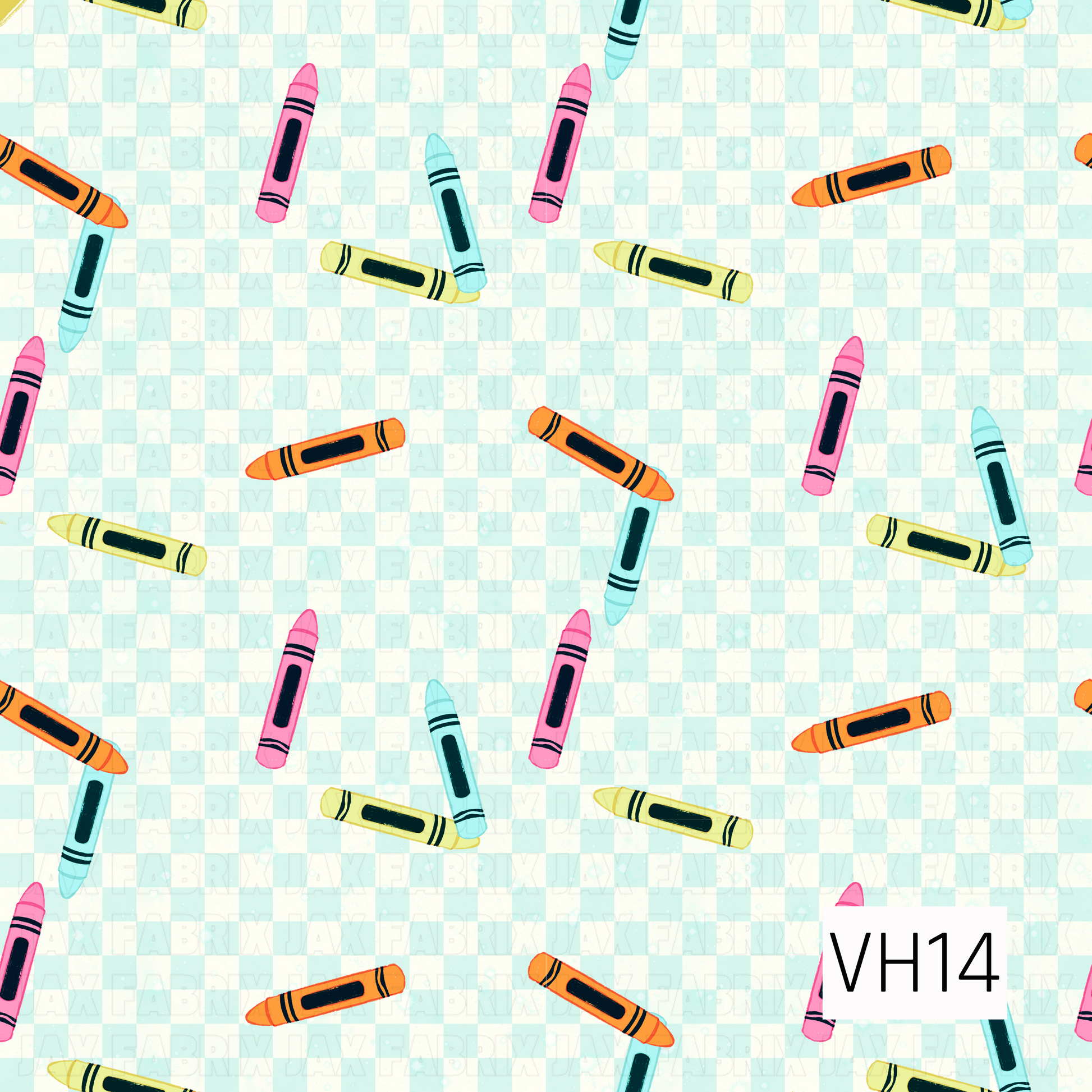 A playful scatter of colorful crayons in pink, aqua, yellow, and orange tossed across a soft aqua and cream mini checkerboard background. This cheerful back-to-school design brings a fun, classic classroom feel with a bright, vintage-inspired color palette.
