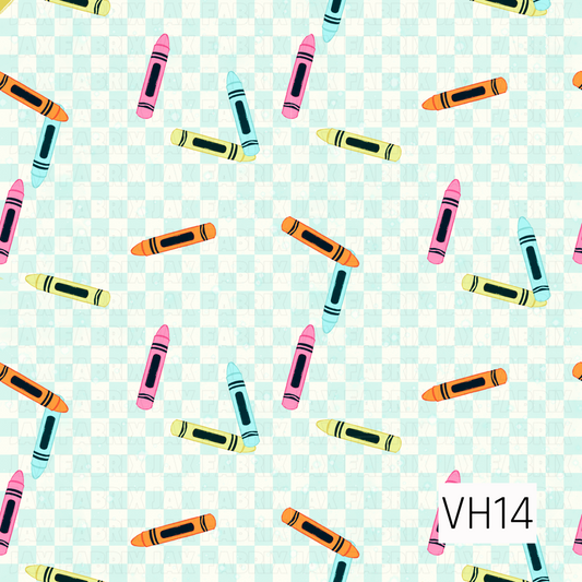 A playful scatter of colorful crayons in pink, aqua, yellow, and orange tossed across a soft aqua and cream mini checkerboard background. This cheerful back-to-school design brings a fun, classic classroom feel with a bright, vintage-inspired color palette.
