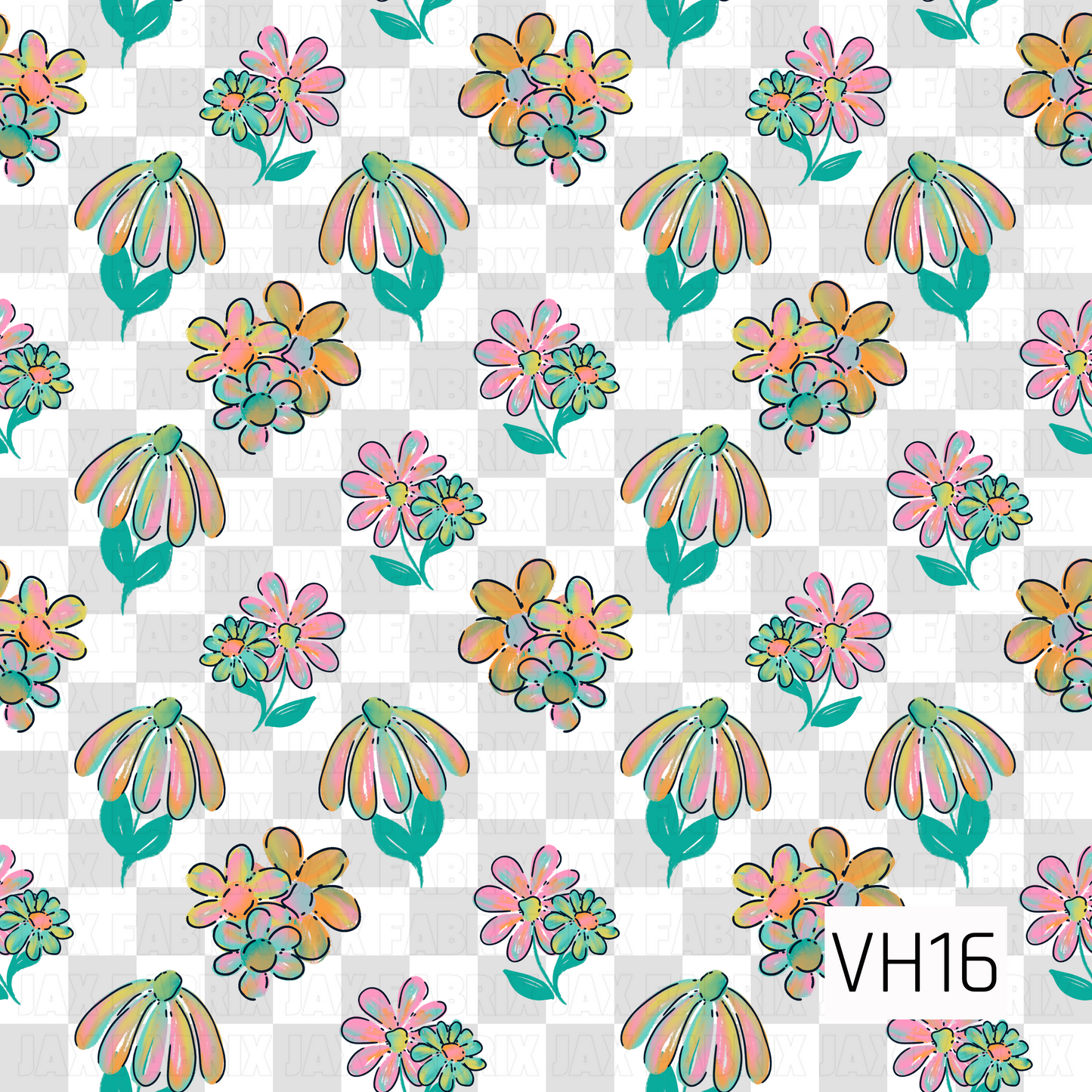 A cheerful floral pattern featuring hand-sketched blooms in soft shades of pink, peach, aqua, and yellow scattered across a classic light gray and white checkerboard background. The playful, painterly artwork and neutral backdrop create a fresh, vintage-inspired design with a timeless feel.
