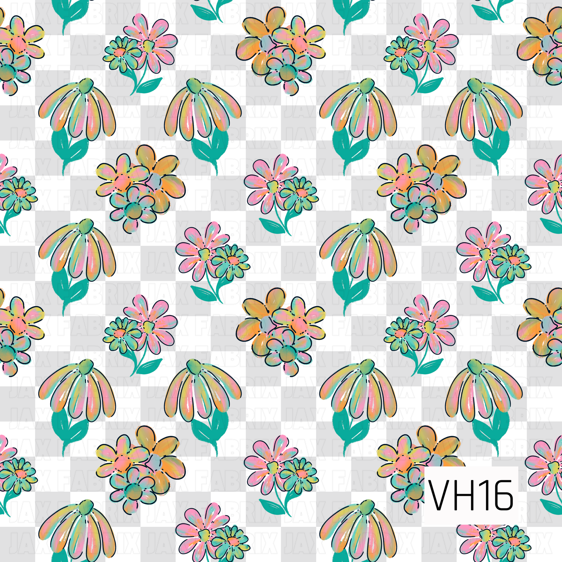 A cheerful floral pattern featuring hand-sketched blooms in soft shades of pink, peach, aqua, and yellow scattered across a classic light gray and white checkerboard background. The playful, painterly artwork and neutral backdrop create a fresh, vintage-inspired design with a timeless feel.
