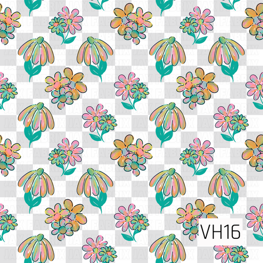 A cheerful floral pattern featuring hand-sketched blooms in soft shades of pink, peach, aqua, and yellow scattered across a classic light gray and white checkerboard background. The playful, painterly artwork and neutral backdrop create a fresh, vintage-inspired design with a timeless feel.
