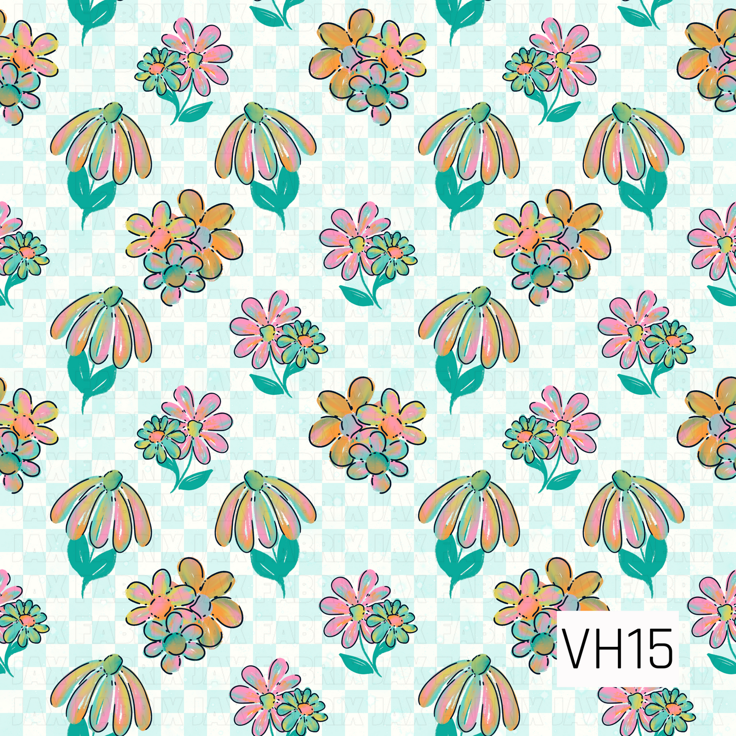 A whimsical floral pattern featuring hand-sketched blooms in soft shades of pink, peach, aqua, and yellow scattered across a light aqua and cream mini checkerboard background. The playful, painterly style and cheerful pastel palette create a fresh, vintage-inspired design full of charm.
