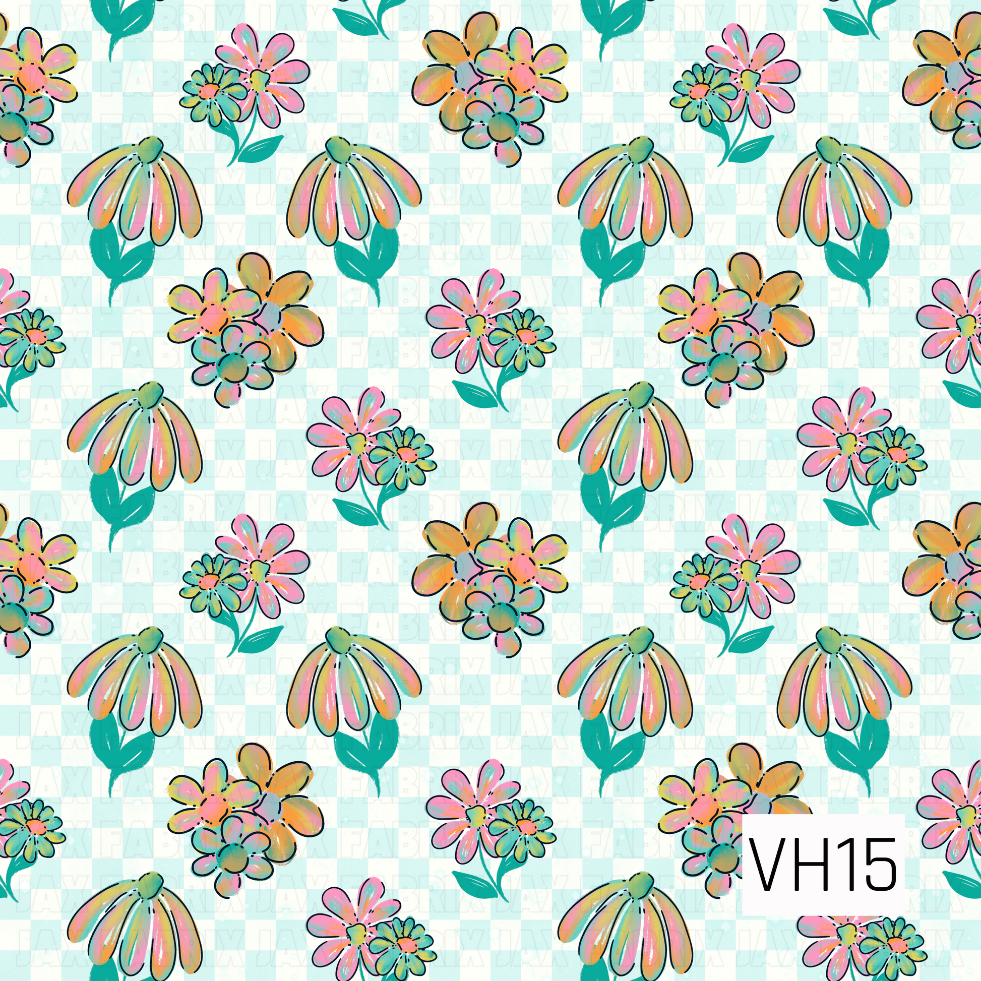 A whimsical floral pattern featuring hand-sketched blooms in soft shades of pink, peach, aqua, and yellow scattered across a light aqua and cream mini checkerboard background. The playful, painterly style and cheerful pastel palette create a fresh, vintage-inspired design full of charm.
